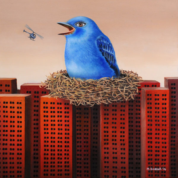 painting blue bird nest buildings surreal