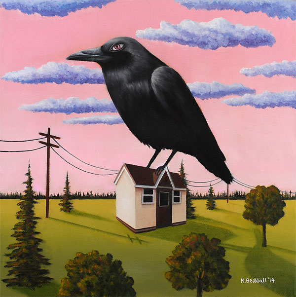 bird crow house surreal painting