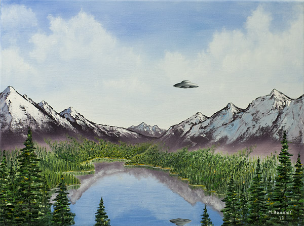 forest mountains lake aliens ufo spaceship nature landscape