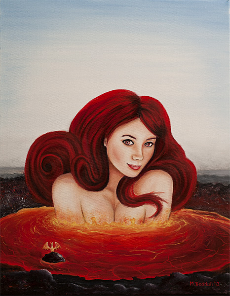 girl elemental fire dragon lava volcano red painting