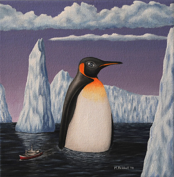 penguin bird iceberg cold ship boat painting surreal eye