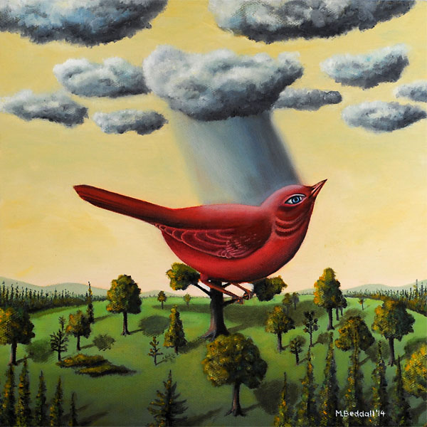 painting red bird rain cloud surreal eye trees