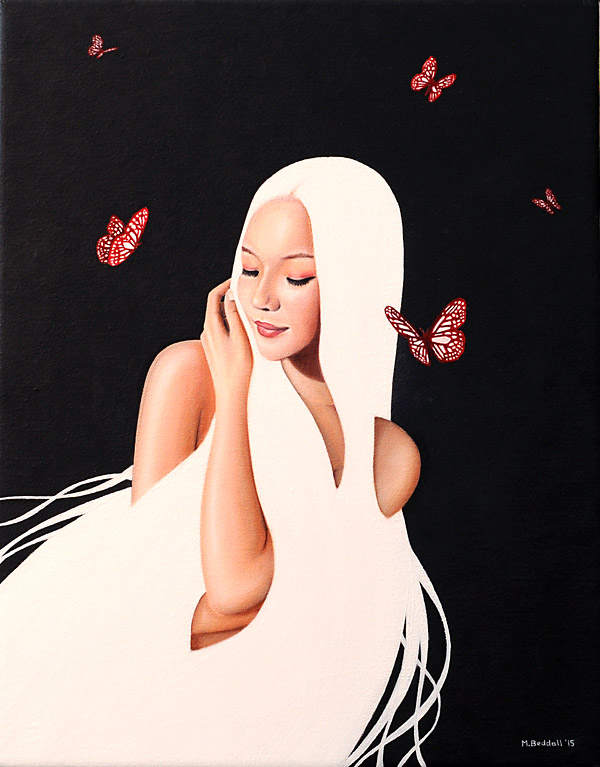 girl beautiful white hair butterfly painting