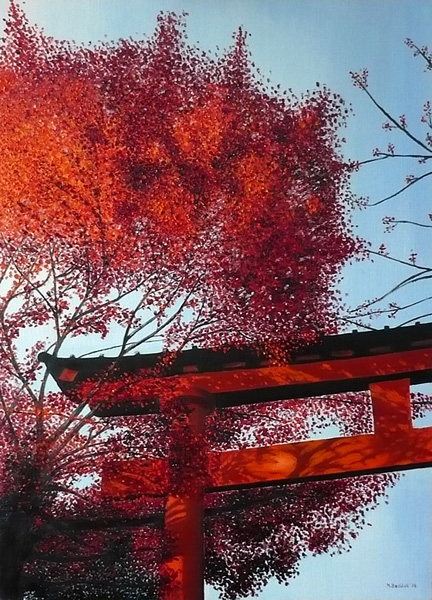 torii shrine red leaves painting