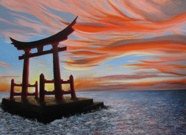 torii shrine sunset over water painting